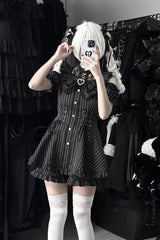 [Silver Candle Elegy”] Short Sleeves Printed Ruffled Cut-Out Bow Gothic Jirai Kei Top and Shorts Set 2 Colors - Product - 13