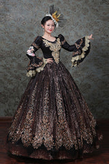 Hime Sleeves High Waisted Three Dimensional Hollow Embroidery Floral Print Ruffled Multi-Layer Victorian Lolita Prom Dress - Black - 8