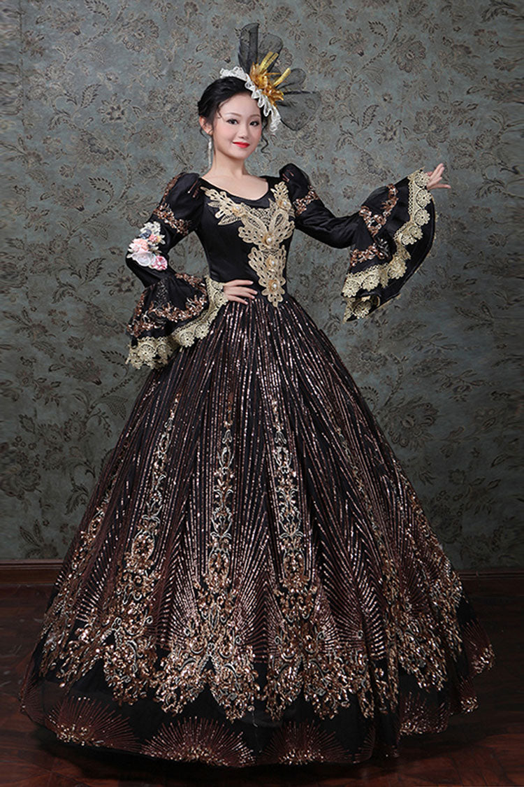 Hime Sleeves High Waisted Three Dimensional Hollow Embroidery Floral Print Ruffled Multi-Layer Victorian Lolita Prom Dress - Black - 8