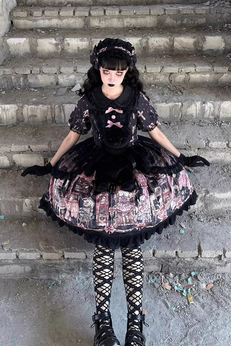 Black [The Case of the Missing Lamb] Print Long Sleeves Ruffle Bowknot Lace Gothic Lolita Dress - Product - 12