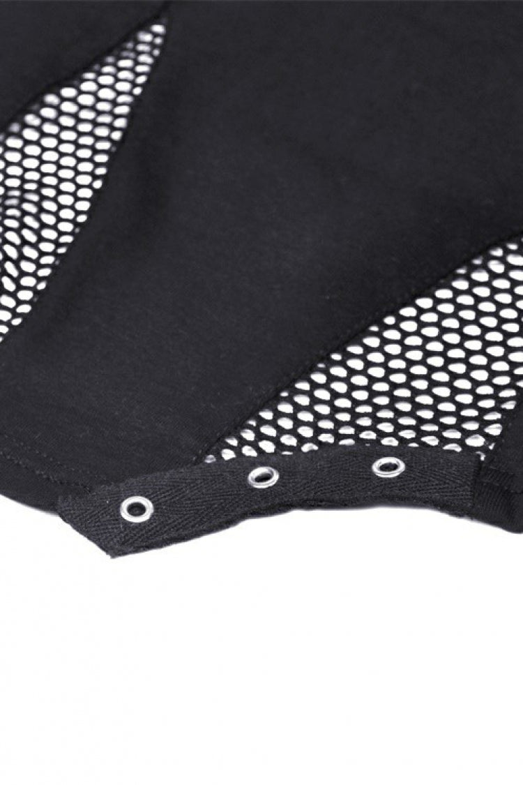Black Halterneck Long Sleeves Eyelet Mesh Splice Women's Punk Crop Top - Product - 14