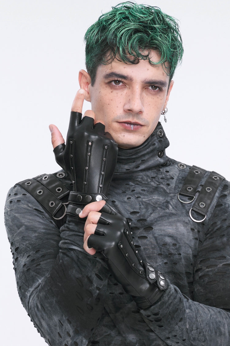 Black Studded Buckled Men's Punk Accessory Faux Leather Half-finger Gloves - Black - 1