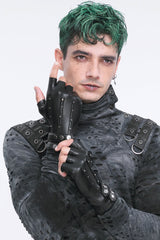 Black Studded Buckled Men's Punk Accessory Faux Leather Half-finger Gloves - Black - 1