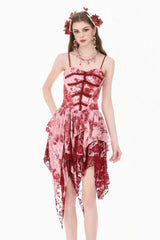Red/White Multi-Layered Asymmetric Tie-dyed Women's Gothic Slip Dress - Red/White - 1