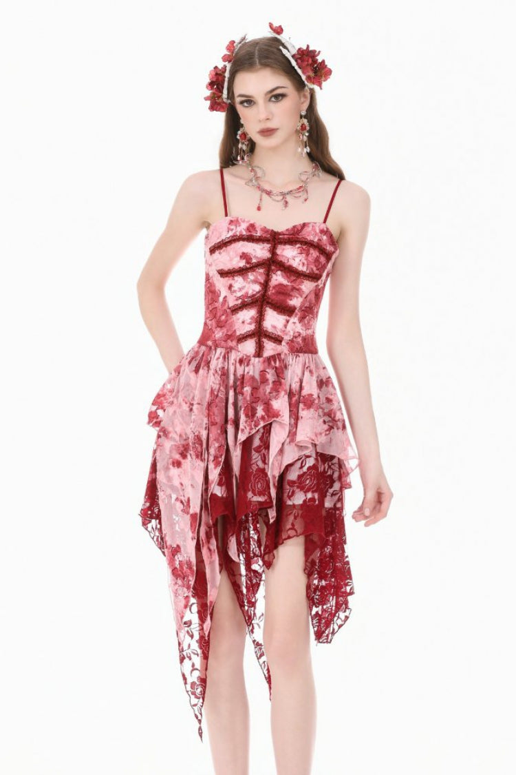 Red/White Multi-Layered Asymmetric Tie-dyed Women's Gothic Slip Dress - Red/White - 1