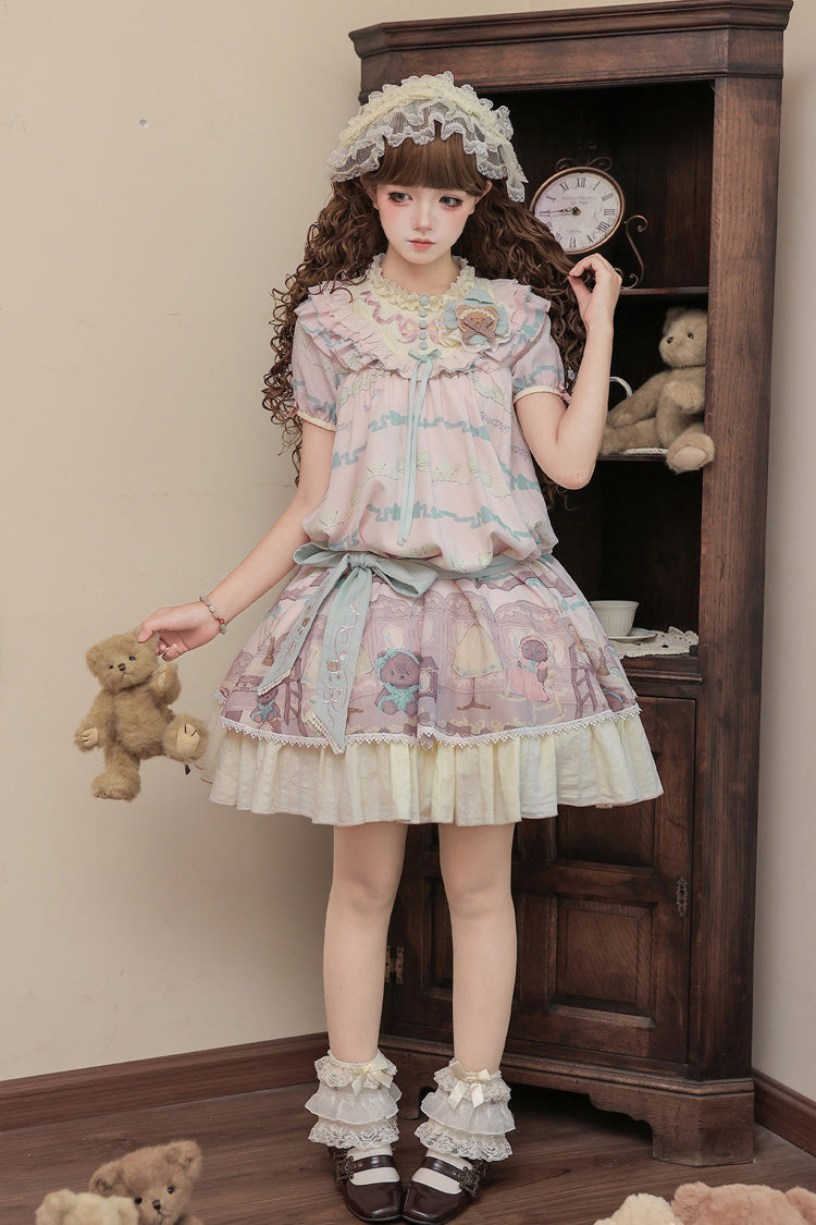 Pink [Brown Dollhouse] Short Sleeves Bear Printed Ruffled Bow Sweet Lolita Dress Set - Product - 2