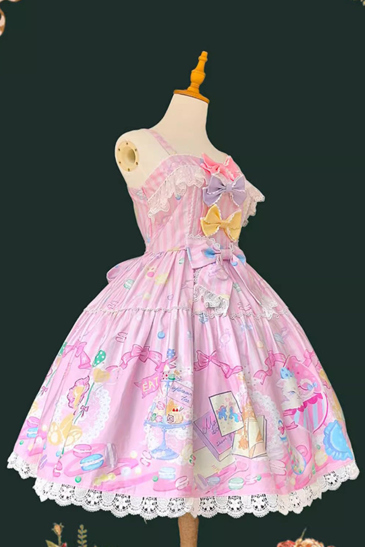 Pink [Macaron Dolly House] Sleeveless Print Bowknot Sweet Lolita Jsk Dress - Product - 5