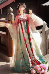 Pink/Blue High Waisted Print Embroidery Women's Classic Hanfu Dress Full Set - Product - 3