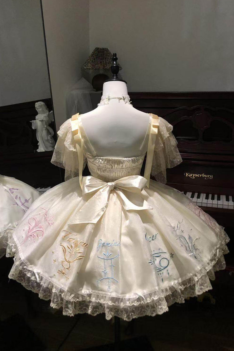 Champagne [The Twelve Zodiac Signs] Sleeveless Printed Ruffled Embroidered Bow Sweet Lolita Jsk Dress - Product - 4
