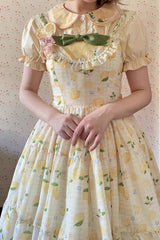 Yellow [Lemon Chicken] Print Ruffle Bowknot Lace Sweet Lolita Jsk Long Dress - Product - 13