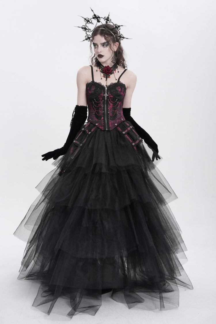 Red Sleeveless Embroidery Lace Chain Women's Gothic Vest - Product - 7