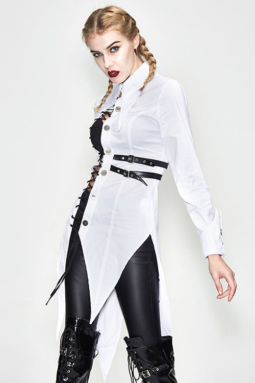 White Cotton Long Swallowtail Womens Punk Blouse - Product - 2