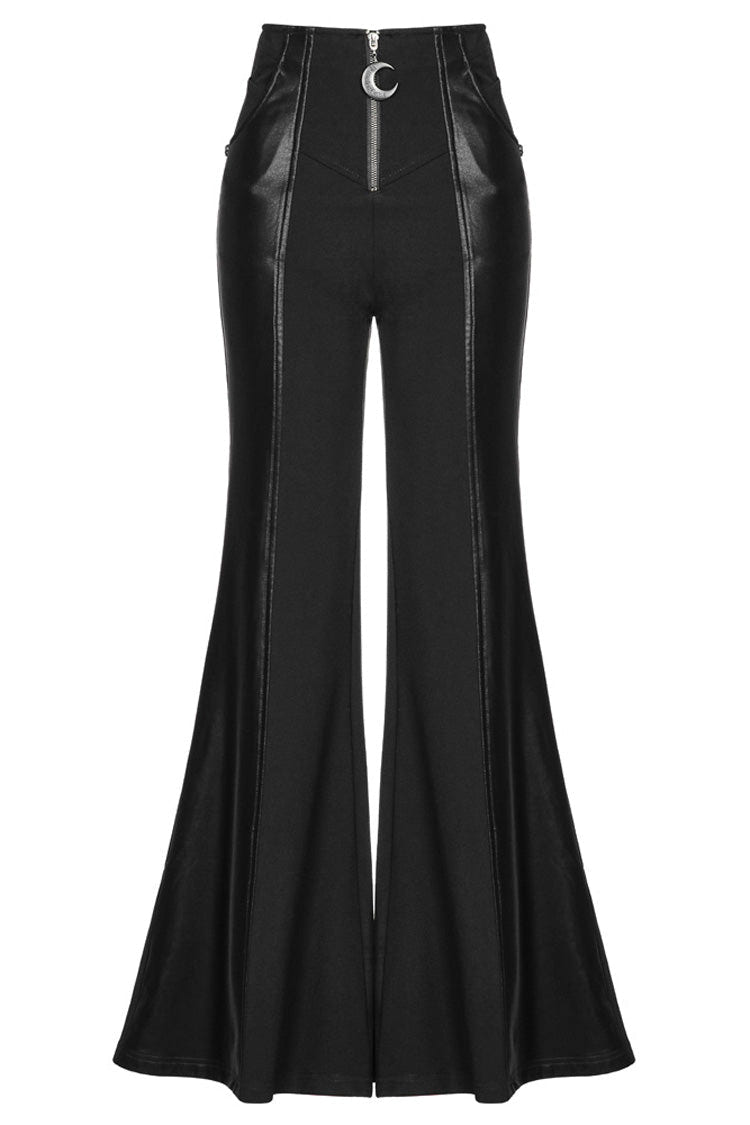 Black Stretch-Knit Paneled Faux Leather Waistband Ghost Button Flared Women's Punk Pants - Product - 5