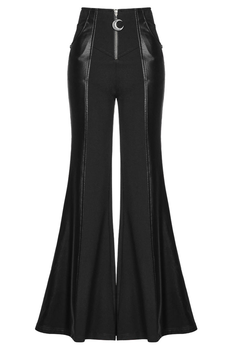Black Stretch-Knit Paneled Faux Leather Waistband Ghost Button Flared Women's Punk Pants - Product - 5