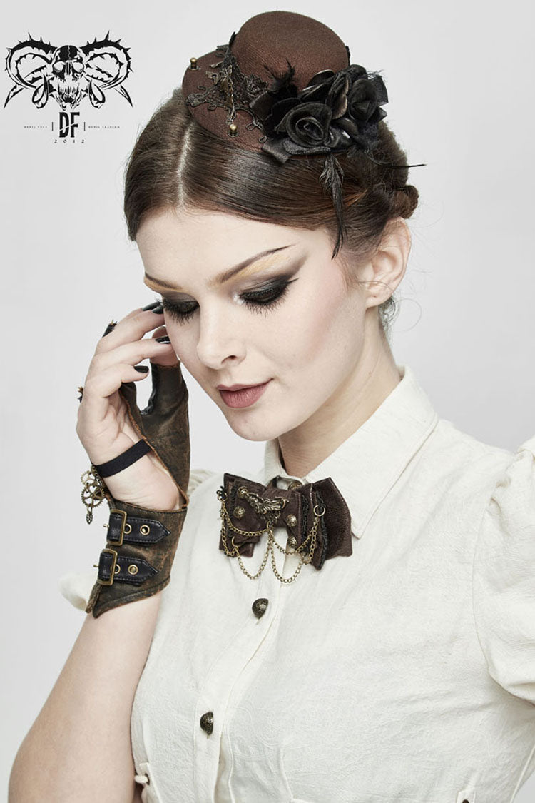 Brown Adjustable Crackled Metal Women's Gothic Decorative Bow Tie - Brown - 1