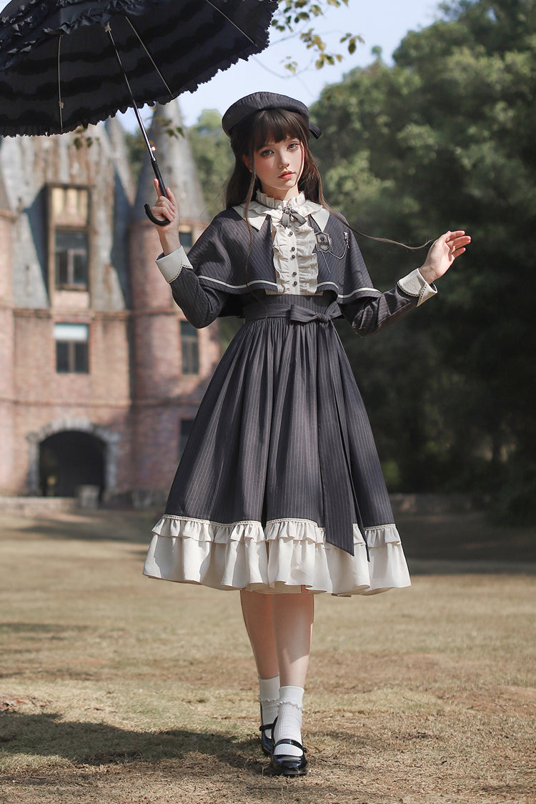 Dark Blue [Berlin Evening News] Long Sleeves Striped Print Ruffle Bowknot British College Style Elegant Sweet Lolita Dress - Product - 3