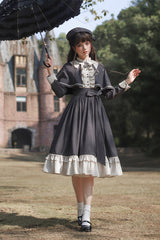 Dark Blue [Berlin Evening News] Long Sleeves Striped Print Ruffle Bowknot British College Style Elegant Sweet Lolita Dress - Product - 3
