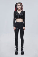 Black Shiny Vertical Grain Texture Tied Rope Decoration Hooded Short Women's Punk T-Shirt - Product - 3