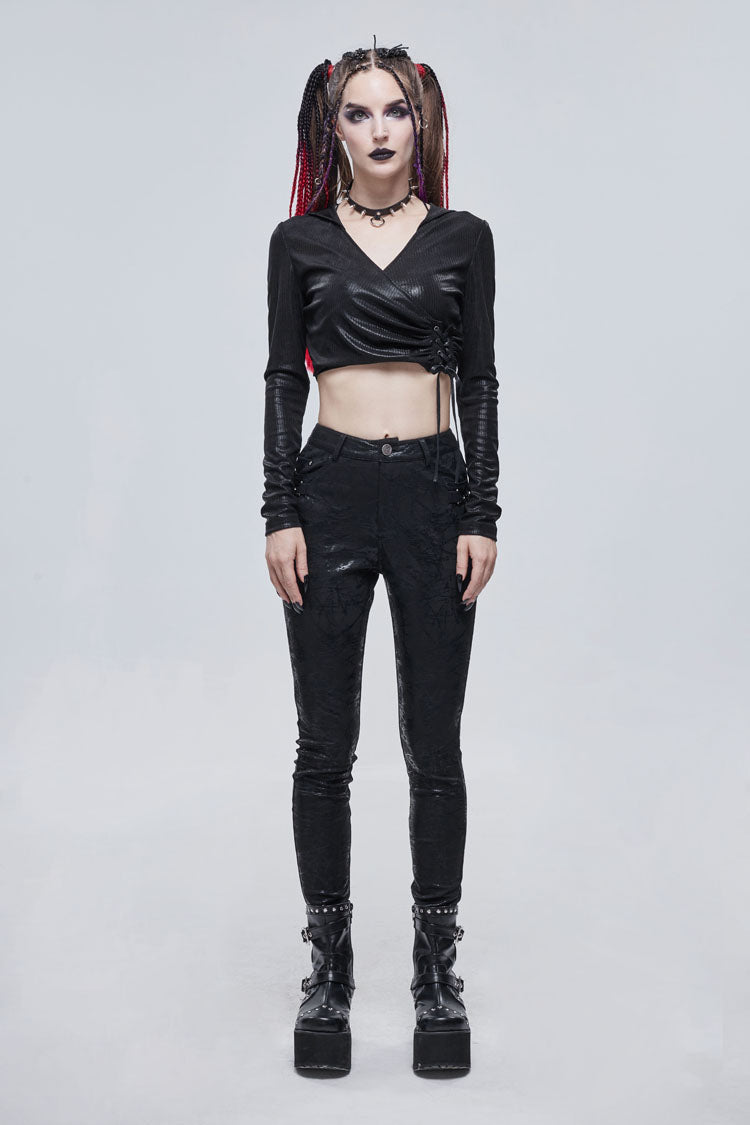 Black Shiny Vertical Grain Texture Tied Rope Decoration Hooded Short Women's Punk T-Shirt - Product - 3