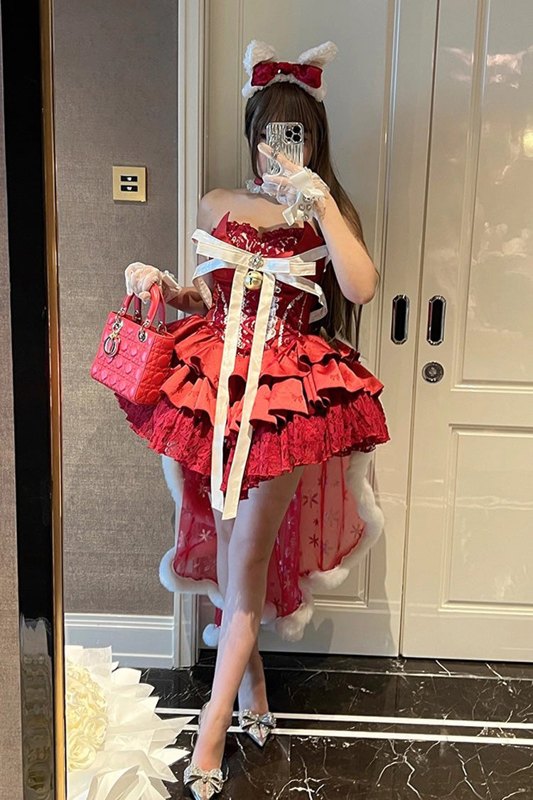 Red [Holiday Lovers] Sleeveless Triple-Layered Ruffle Hollow Bowknot Lace-Up Princess Ballet Sweet Lolita Dress - Product - 7