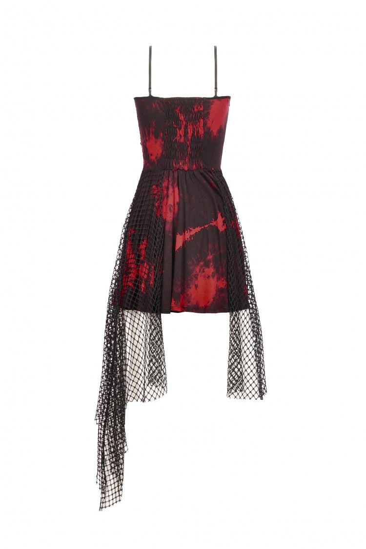 Red Sleeveless Mesh Hem Asymmetric Tie-dyed Women's Punk Slip Dress - Product - 13