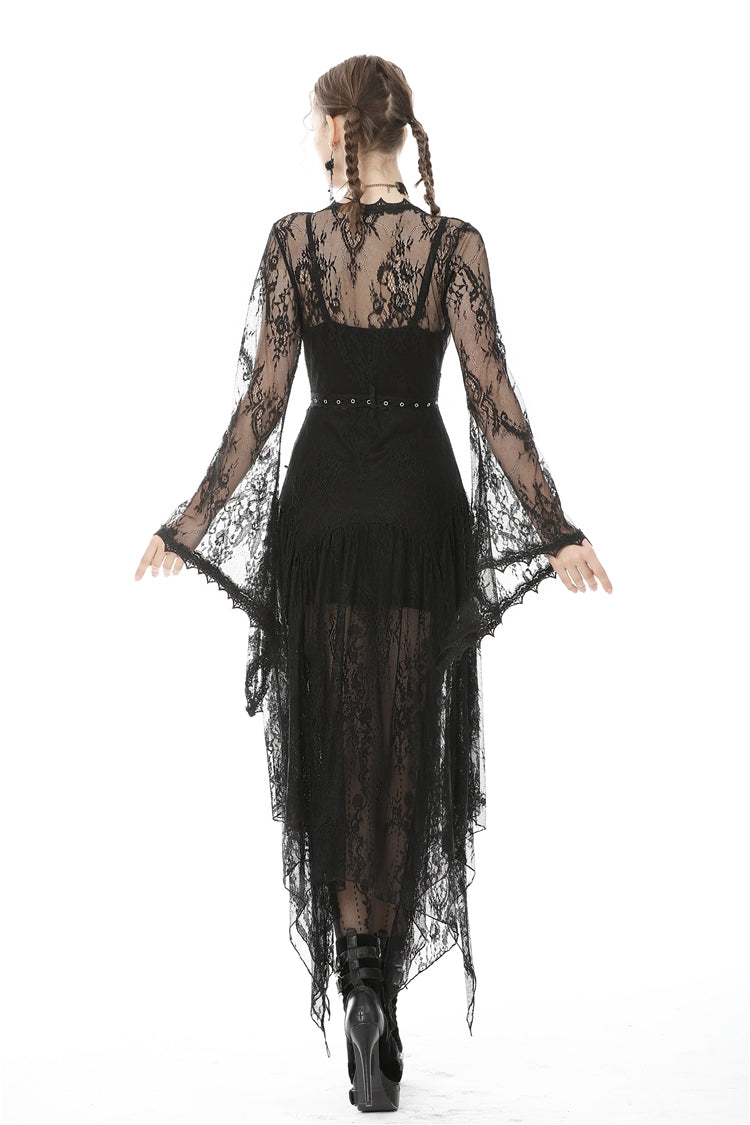 Black Long Trumpet Sleeves Sheer Floral Lace Women's Gothic Maxi Cloak with Belts - Product - 4