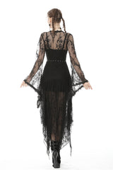 Black Long Trumpet Sleeves Sheer Floral Lace Women's Gothic Maxi Cloak with Belts - Product - 4
