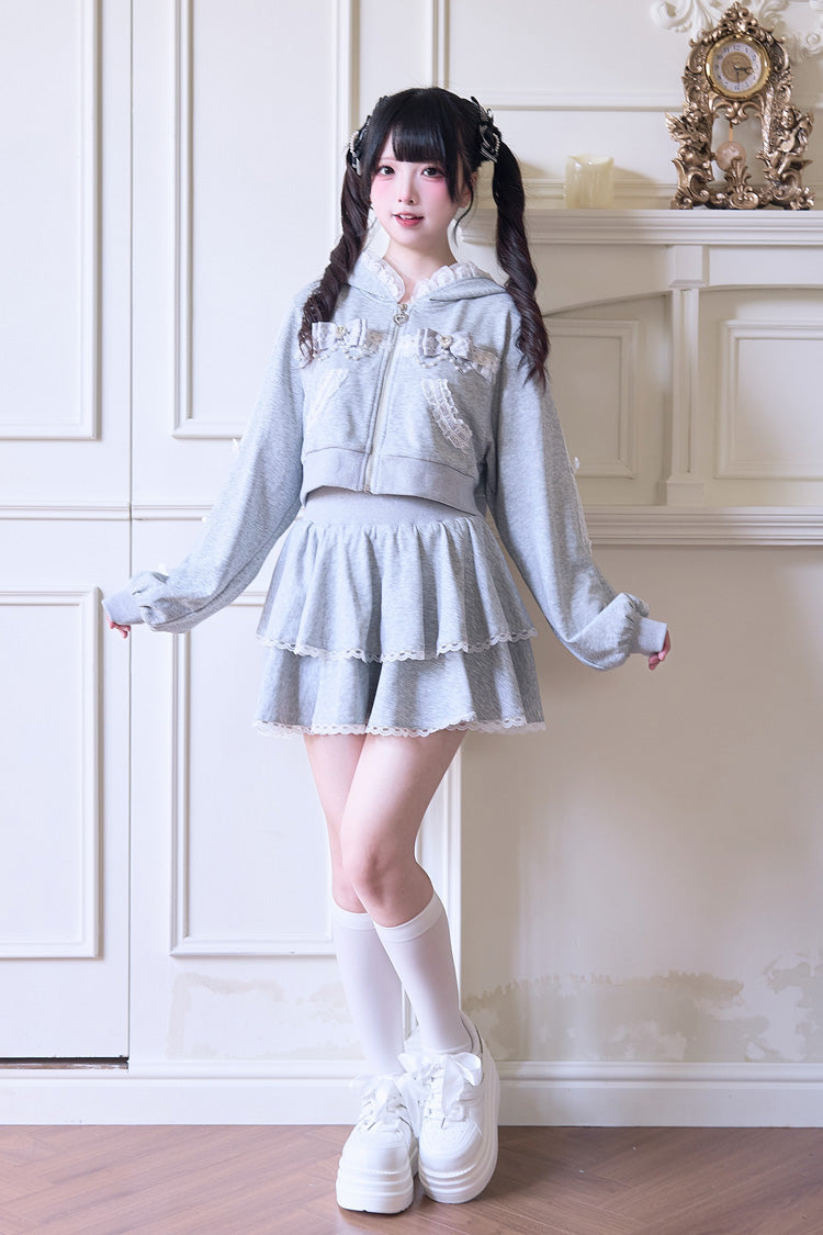 Sweet Long Sleeves Bowknot Lace Hooded Jirai Kei Hoodie Skirt Set 3 Colors - Grey - 1