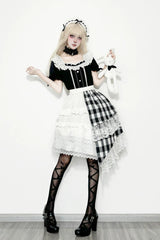 Black/White Short Sleeves Plaid Printed Lace Irregular Asymmetric Gothic Lolita Skirt Set - Product - 5