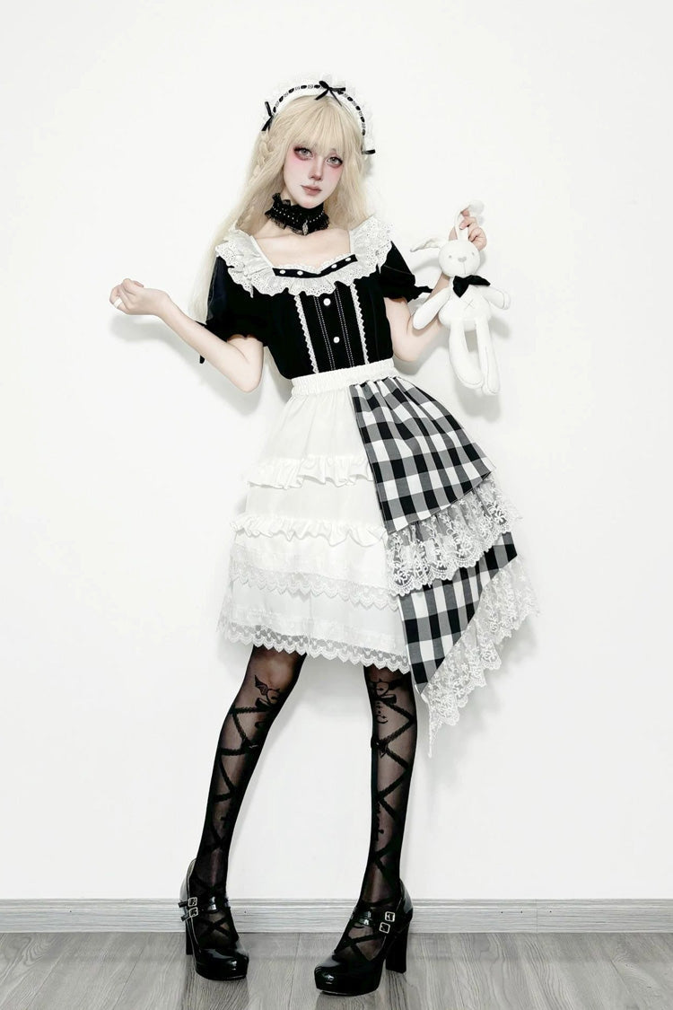 Black/White Short Sleeves Plaid Printed Lace Irregular Asymmetric Gothic Lolita Skirt Set - Product - 5
