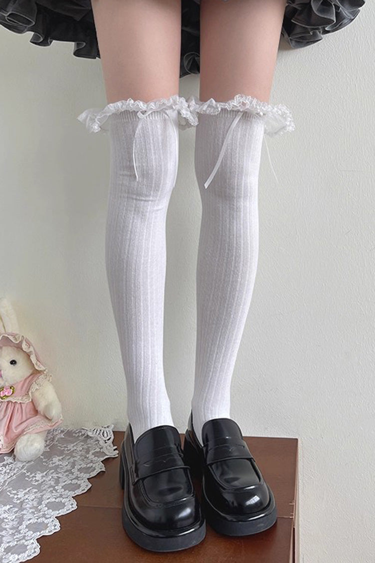 Sweet Ruffle Bowknot Lace Cotton Lolita Stockings 2 Colors - White - 1