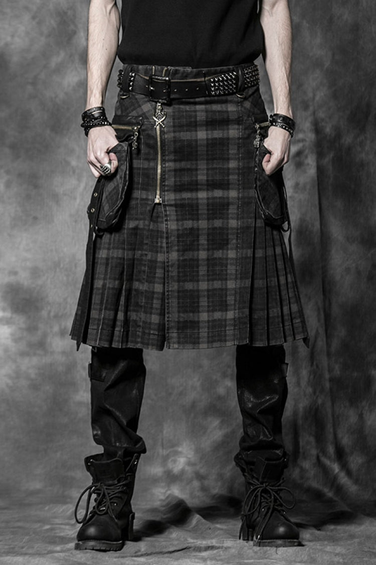 Black Plaid Print Ruffle Men's Steampunk Skirt - Black - 1