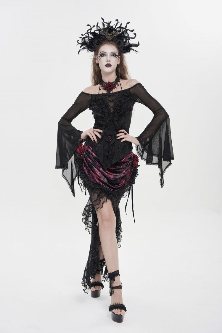 Black Off Shoulder Long Trumpet Sleeves Ruffled Embroidered Lace-Up Women's Gothic Blouse - Product - 12