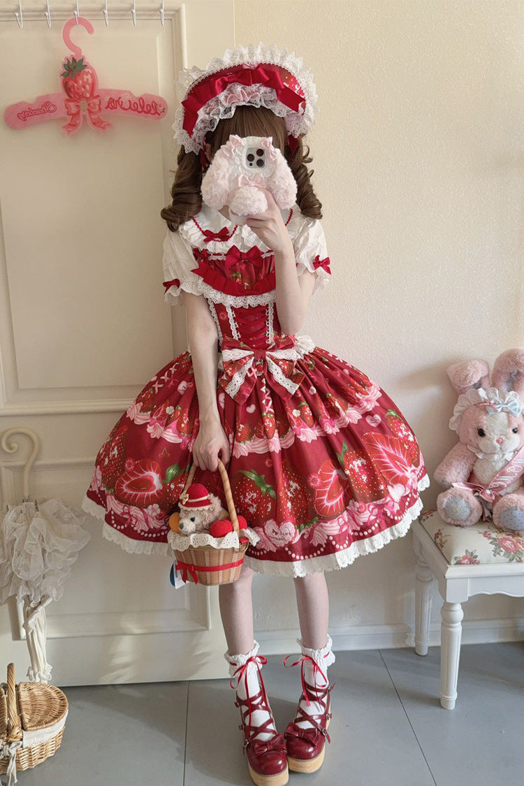 [Sweet Berry Tale] Strawberry Print Ruffle Bowknot Lace Sweet Lolita Jsk Dress 4 Colors - Product - 18