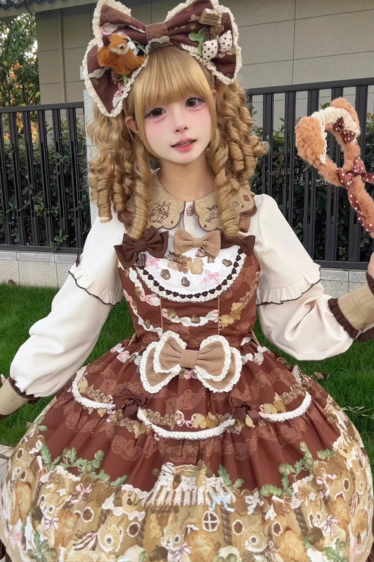 Brown [Squirrel Chocolate Shop] Sleeveless Printed Ruffled Bow Sweet Lolita JSK Dress with Blouse - Product - 3