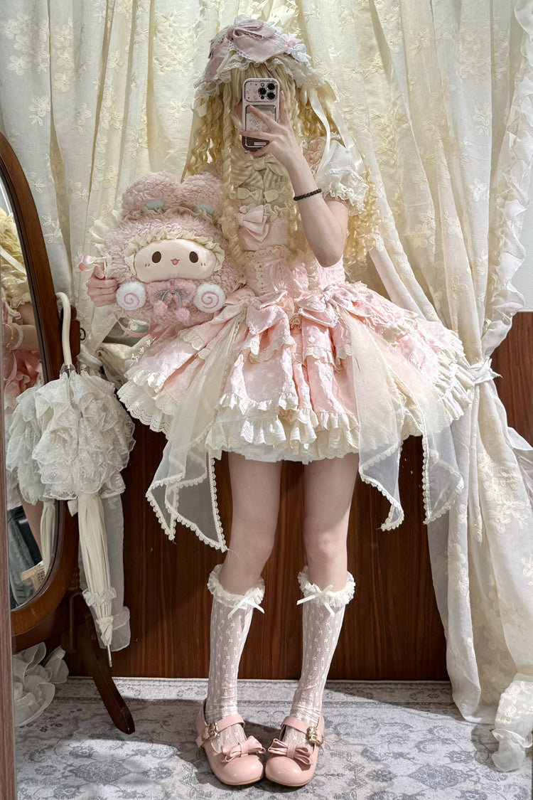Pink Sleeveless Multi-Layered Ruffled Bow Sweet Princess Ballet Lolita Jsk Dress - Product - 4