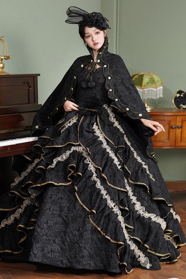 Black Square Collar Half Trumpet Sleeves Ruffled Open-Front Lace Gothic Vintage Palace Lolita Victorian Dress - Product - 6