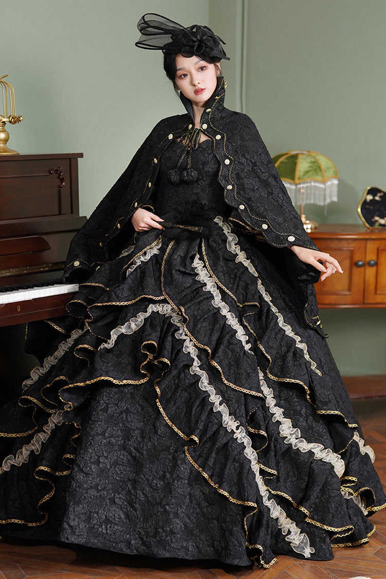 Black Square Collar Half Trumpet Sleeves Ruffled Open-Front Lace Gothic Vintage Palace Lolita Victorian Dress - Product - 6