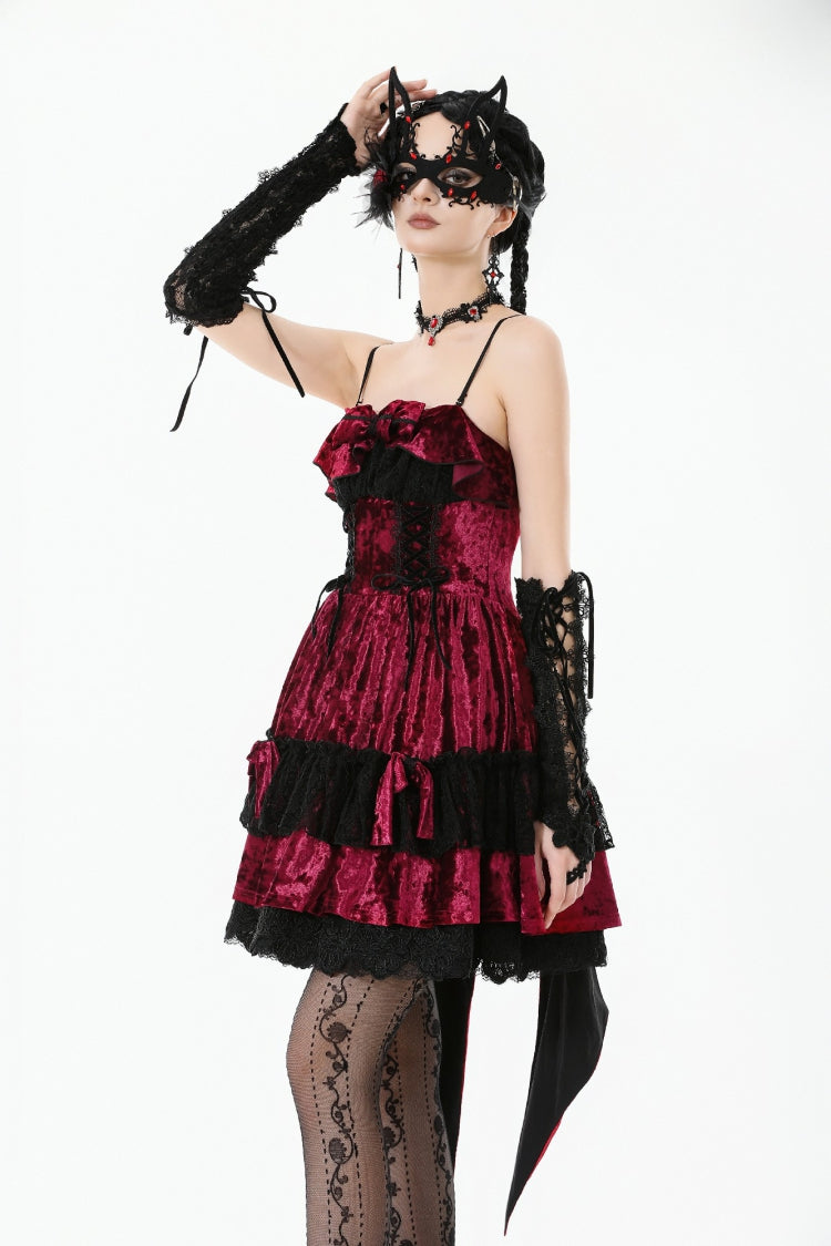 Wine Red Corset Lace-Up Velvet Irregular Pointed Tail Women's Lolita Gothic Cami Mini Dress - Product - 6