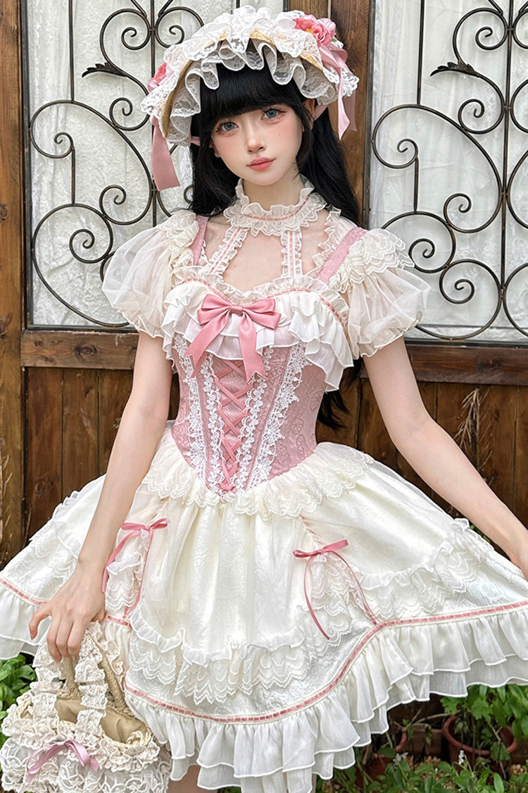 White/Pink Secret Garden Multi-layer Ruffle Bowknot Lace-Up Sweet Princess Lolita Jsk Dress - Product - 4
