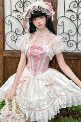 White/Pink Secret Garden Multi-layer Ruffle Bowknot Lace-Up Sweet Princess Lolita Jsk Dress - Product - 4