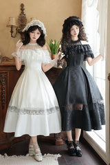 White [Flowers in the Mist] Off Shoulder Halterneck Print Ruffle Gothic Elegant Lolita Dress - Product - 9
