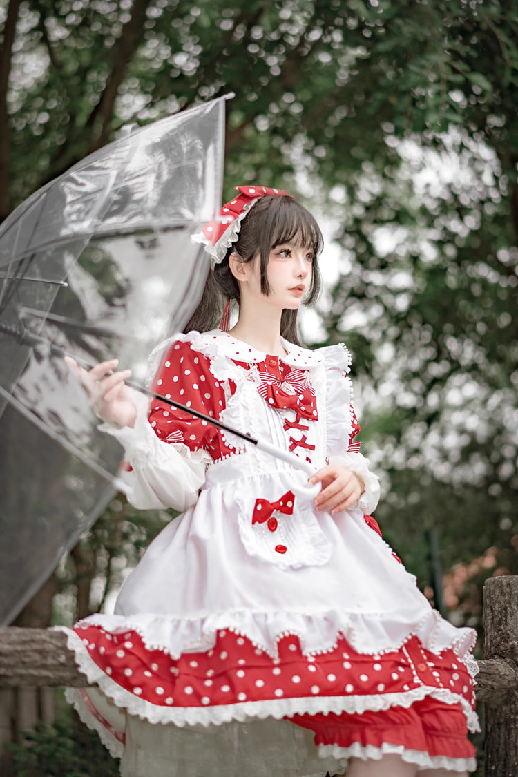 Red/White Doll Collar Short Sleeves Mushroom Princess Print Polka Dots Ruffle Sweet Lolita Dress - Product - 5