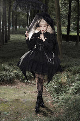 Black Dark Night Law Long Sleeves High Waisted Cardigan Bowknot Lace Gothic Lolita Dress - Product - 2