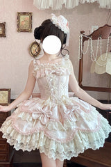 Pink [Realm of Sea Moon] Square Collar Sleeveless Multi-Layered Jacquard Ruffled Bow Lace Lace-Up Sweet Lolita Jsk Dress - Product - 3