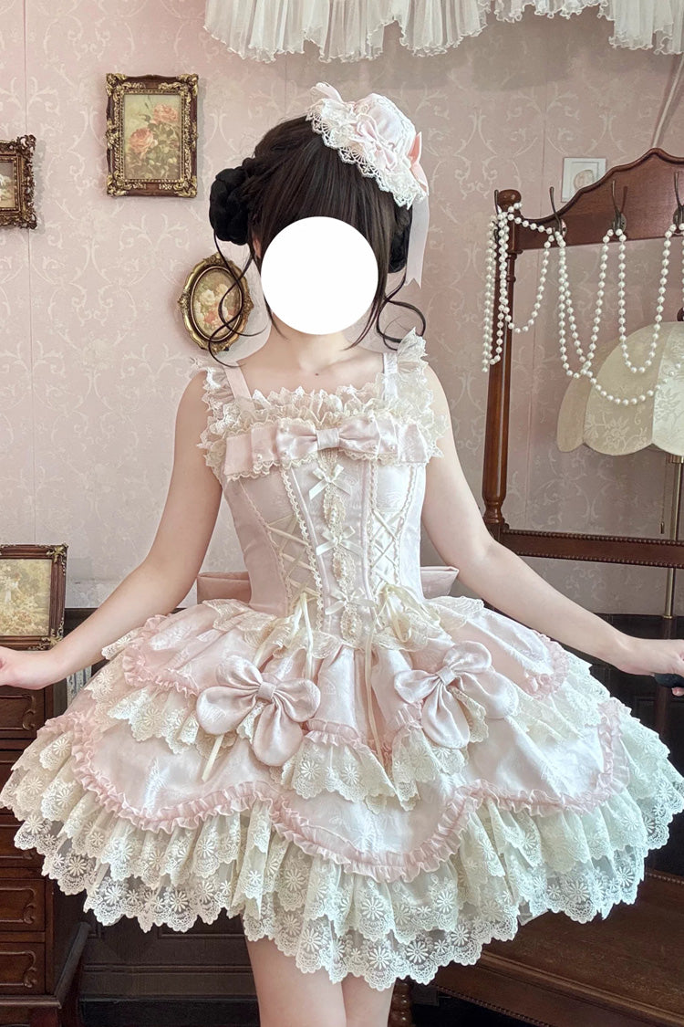 Pink [Realm of Sea Moon] Square Collar Sleeveless Multi-Layered Jacquard Ruffled Bow Lace Lace-Up Sweet Lolita Jsk Dress - Product - 3