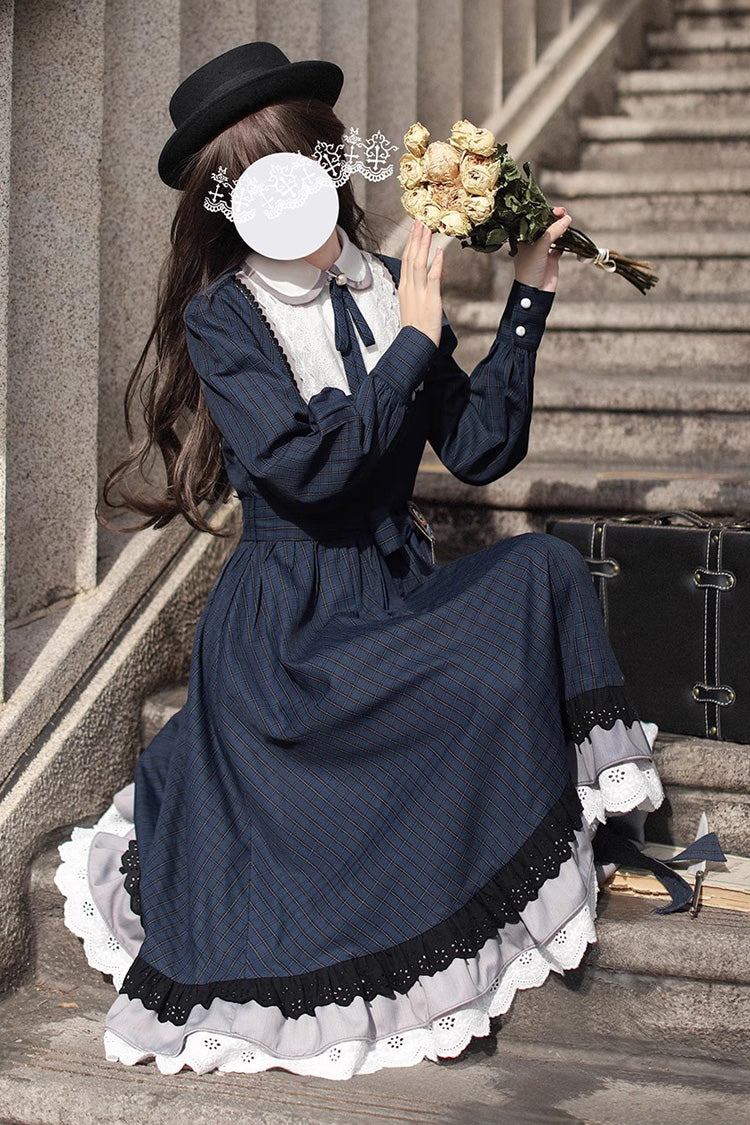 Dark Blue [Phyllis] Plaid Print Ruffle Bowknot Lace Vintage Elegant Lolita Dress - Product - 7