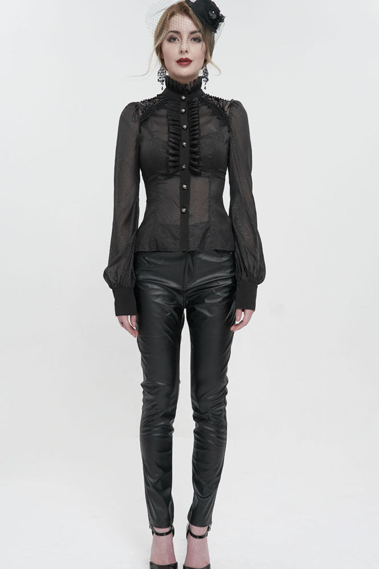 Black Long Sleeve Ruffles On Chest Shoulder Back Tie Detail See-Through Pattern Material Stand Collar Women's Gothic Shirt - Product - 7
