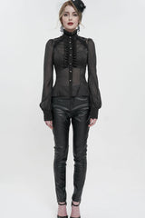 Black Long Sleeve Ruffles On Chest Shoulder Back Tie Detail See-Through Pattern Material Stand Collar Women's Gothic Shirt - Product - 7