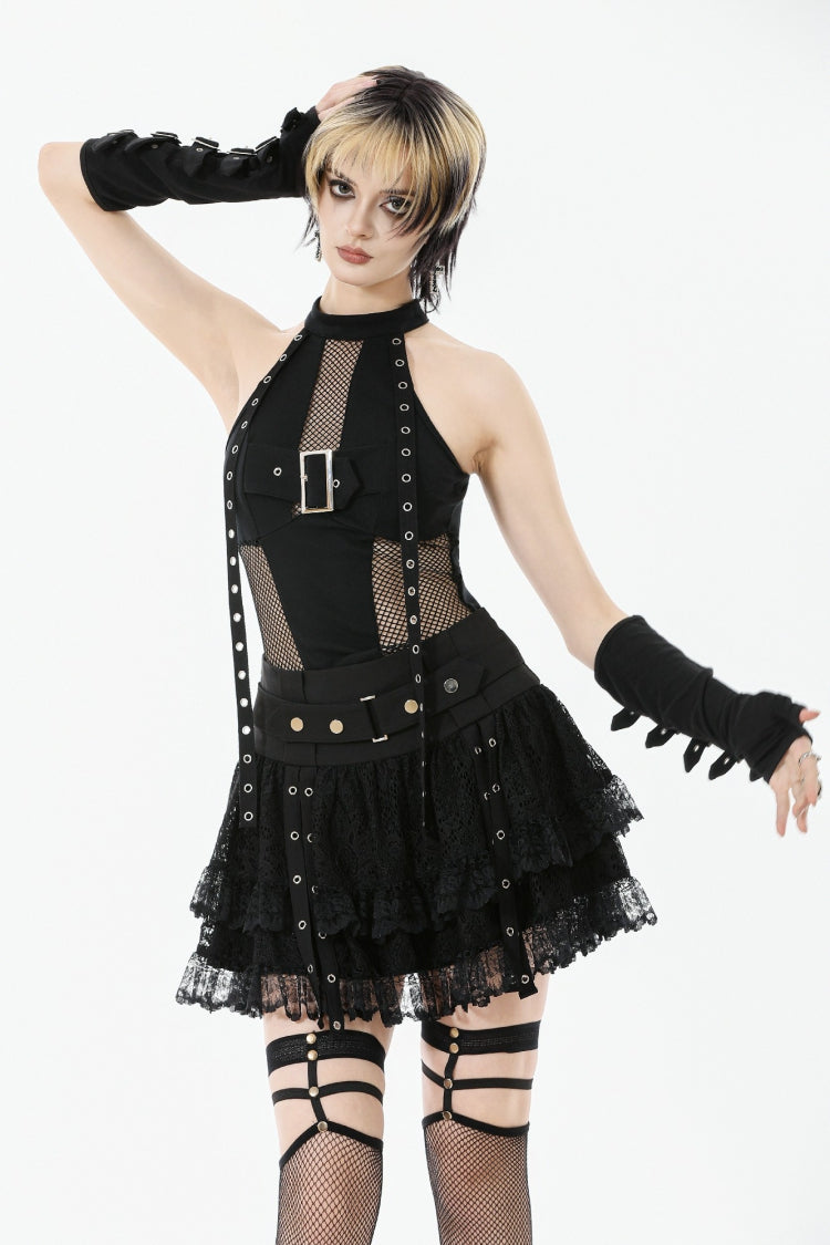 Black Wide-Waistband Eyelet Strap Double-Layered Lace Women's Punk Skirt - Black - 1